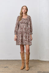 Brown Floral Square Neck Bubble Sleeve Maternity Dress