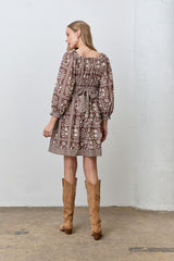Brown Floral Square Neck Bubble Sleeve Dress