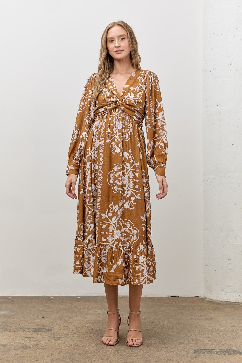 Camel Floral Twist Front Long Sleeve Maternity Midi Dress