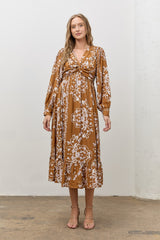 Camel Floral Twist Front Long Sleeve Maternity Midi Dress