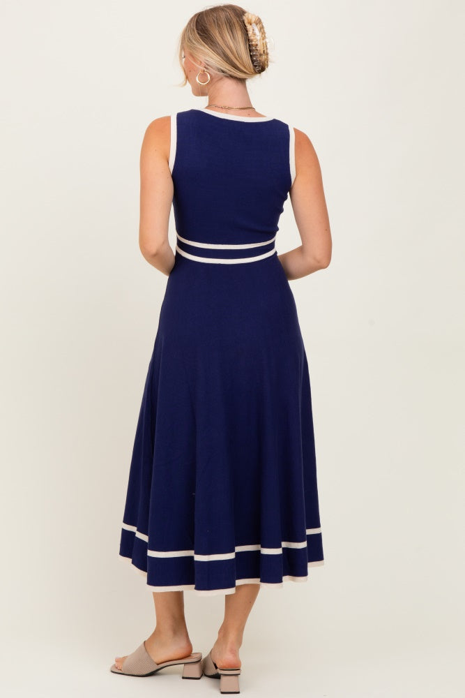 Navy Ribbed Knit Button Accent Sleeveless Midi Dress