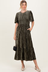 Olive Smocked Velvet MIdi Dress