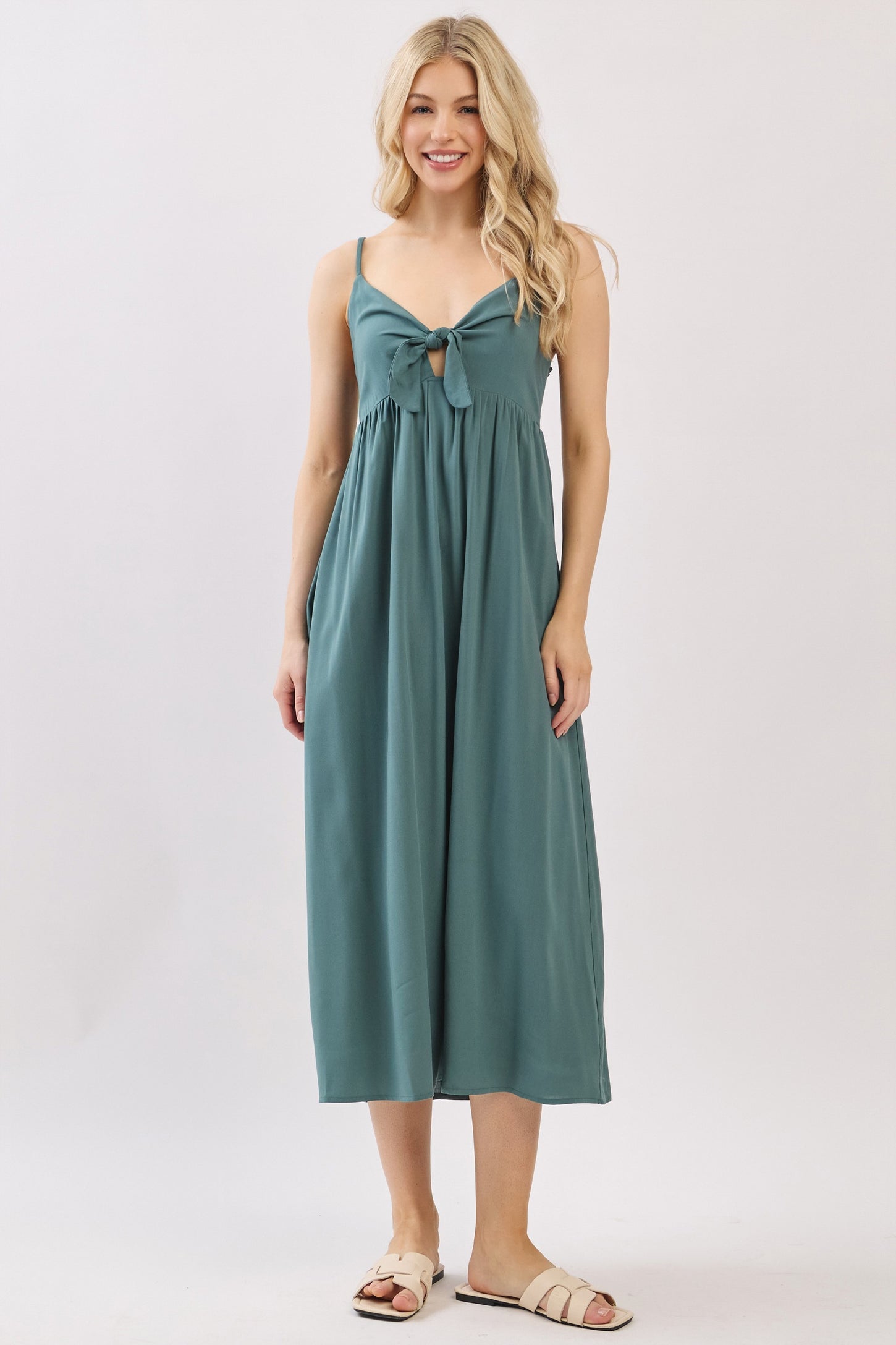 Teal Front Tie Sleeveless Midi Dress