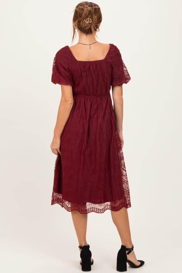 Burgundy Lace Sweetheart Neck Short Sleeve Midi Dress