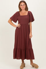 Burgundy Gingham Square Neck Ruffle Midi Dress