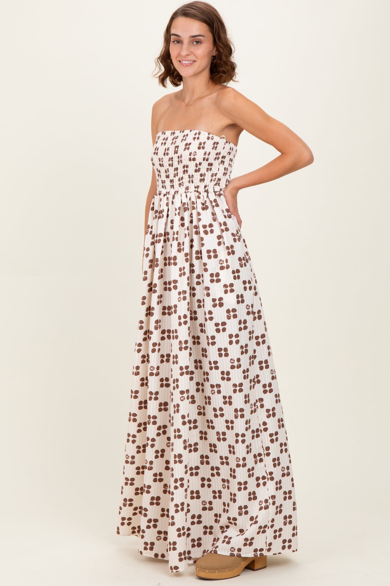 Brown Printed Smocked Wide Leg Jumpsuit