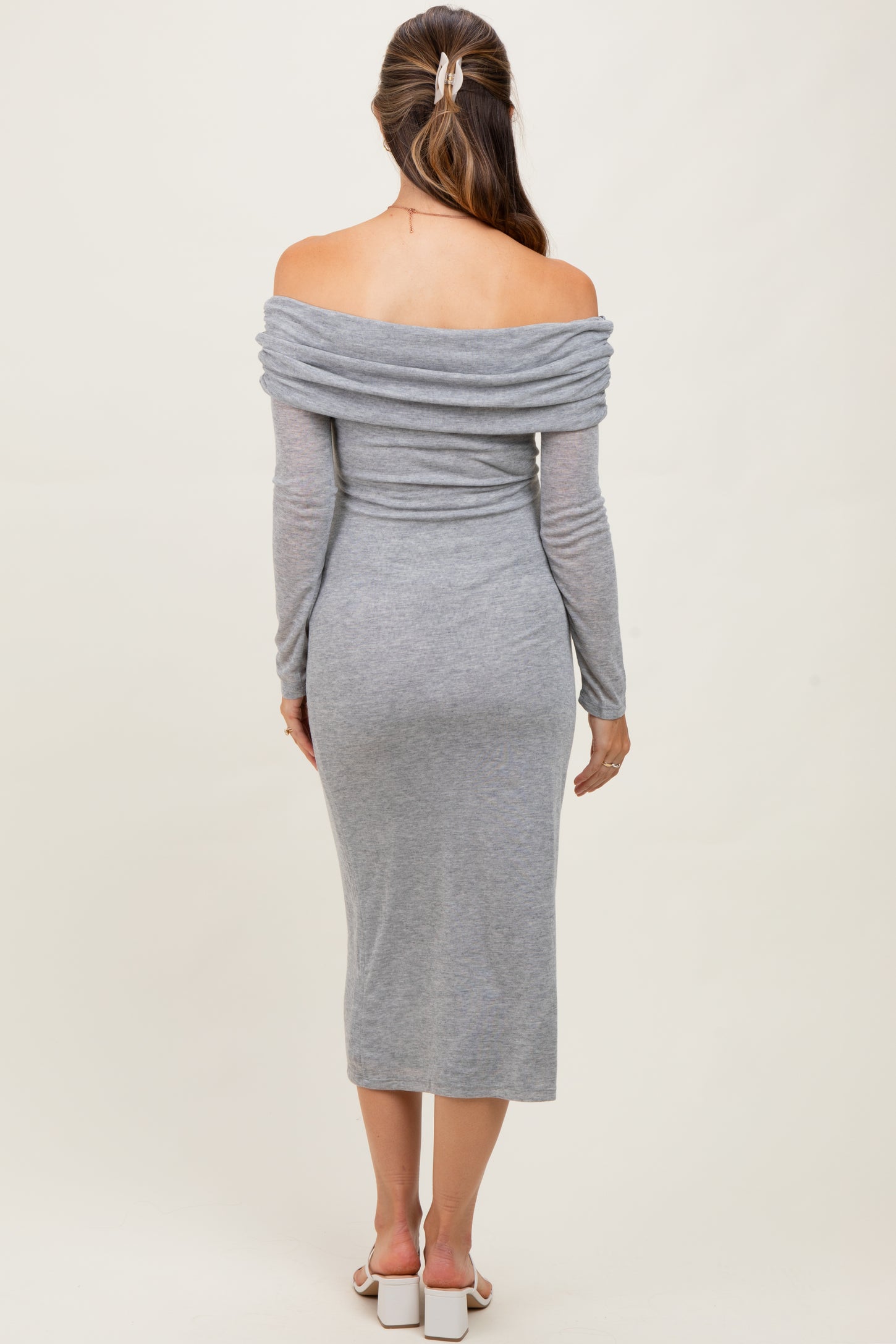 Heather Grey Off Shoulder Long Sleeve Maternity Maxi Dress