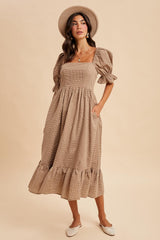 Mocha Gingham Square Neck Midi Dress