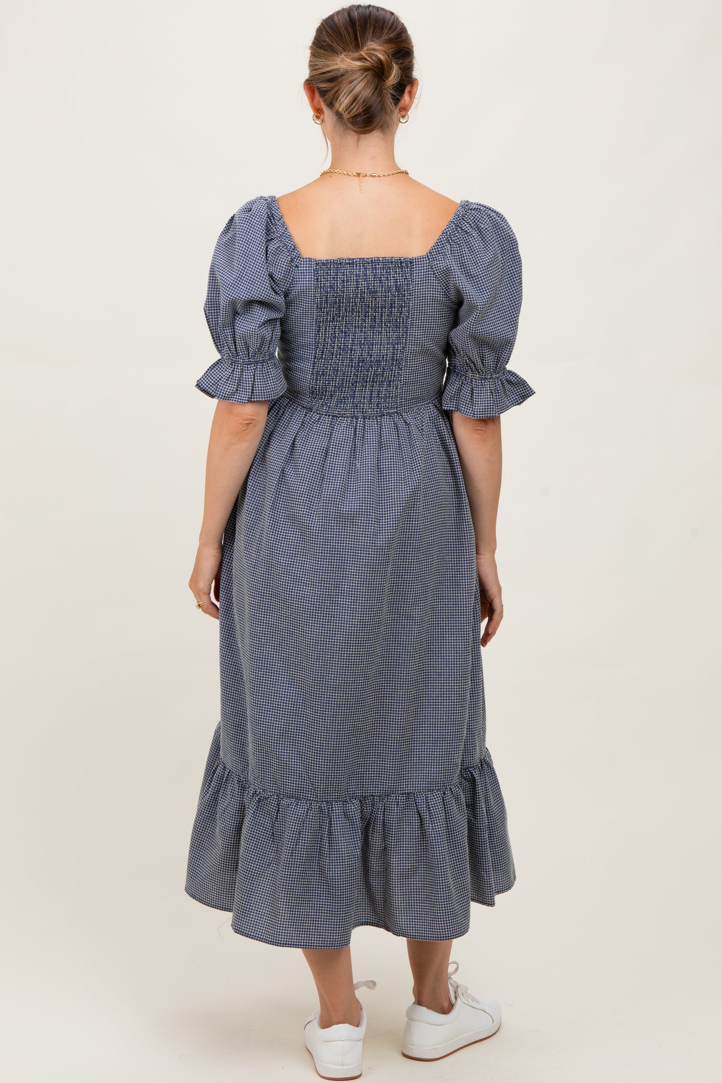 Navy Gingham Square Neck Maternity Midi Dress