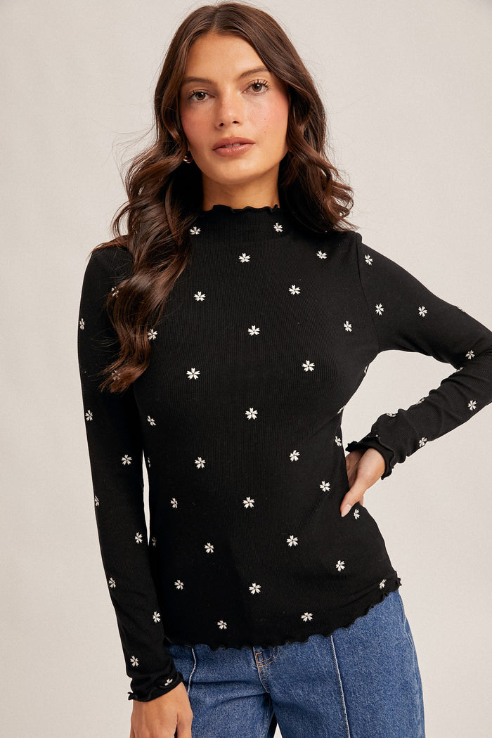 Black Knit Embroidered Floral Ruffle Hem Maternity Top