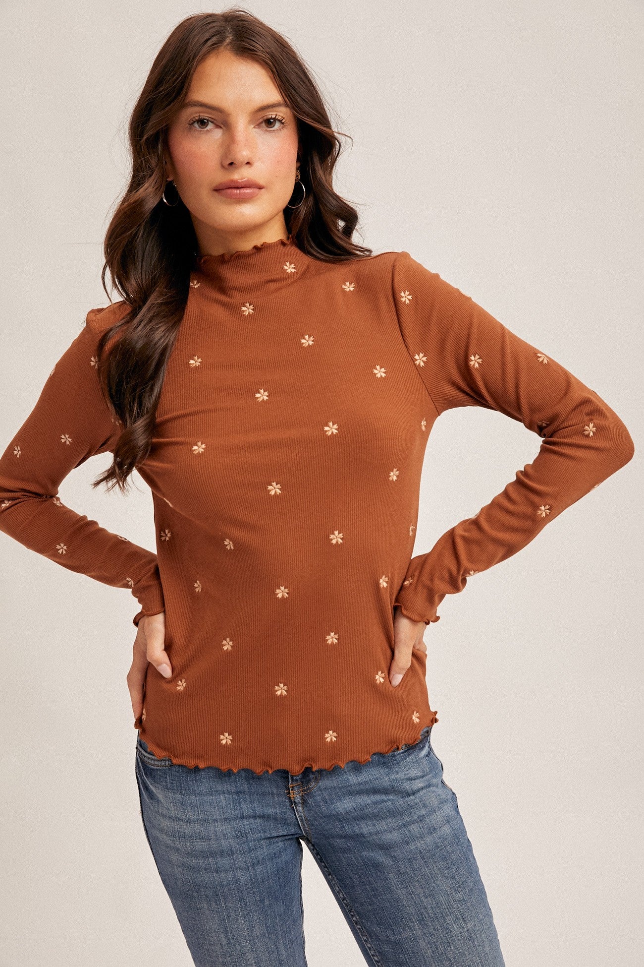 Dark Camel Knit Embroidered Floral Ruffle Hem Maternity Top
