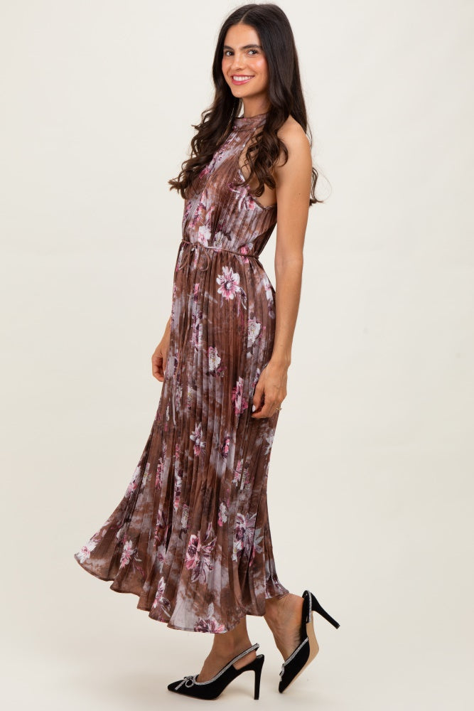 Brown Floral Pleated Halter Midi Dress