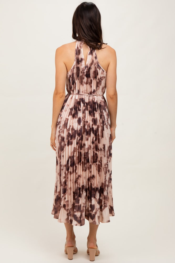 Brown Floral Pleated Halter Midi Dress
