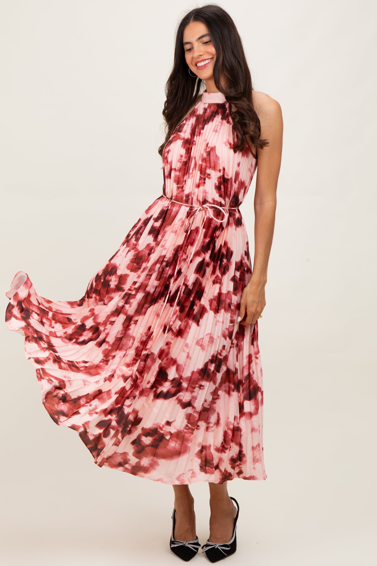 Red Floral Pleated Halter Maternity Midi Dress