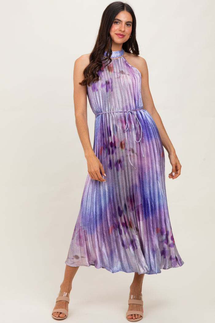 Lavender Floral Pleated Halter Maternity Midi Dress