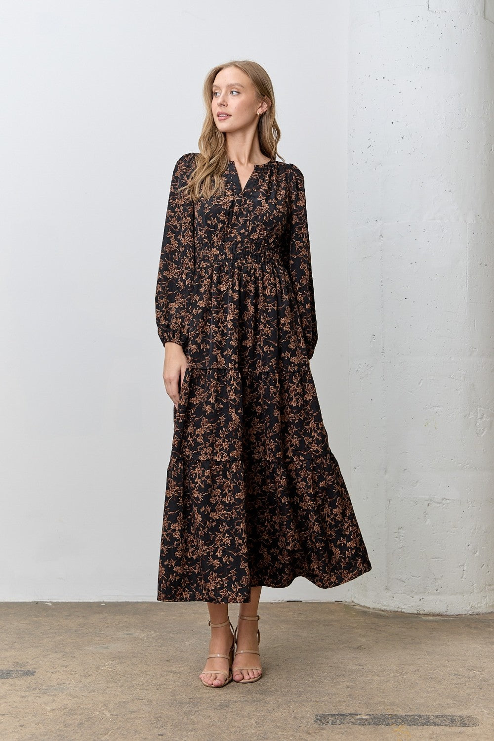 Black Floral Smocked Waist Long Sleeve Maternity Midi Dress