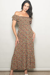 Olive Floral Off Shoulder Smocked Maxi Dress