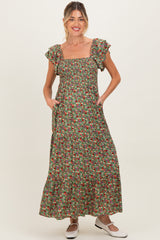 Olive Floral Off Shoulder Smocked Maternity Maxi Dress