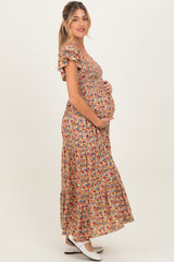 Camel Floral Off Shoulder Smocked Maternity Maxi Dress