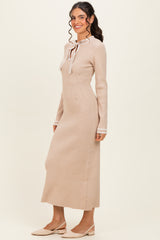 Cream Tie Neck Sweater Midi Dress