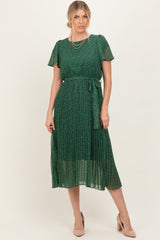 Forest Green Leaf Print Pleated Midi Dress