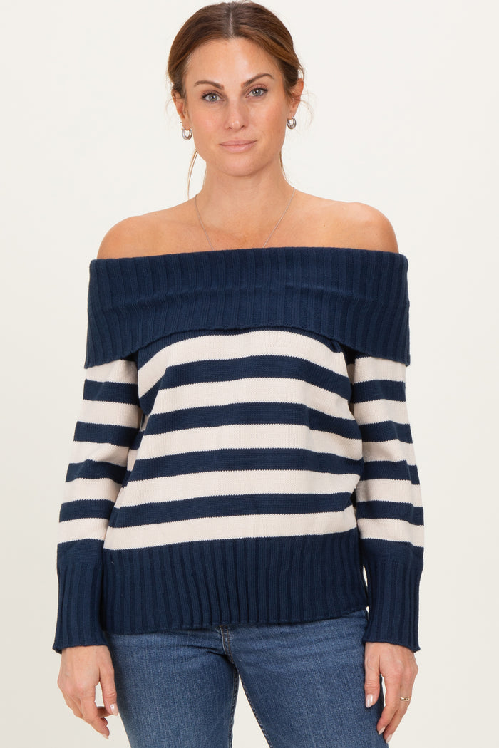 Navy Striped Off Shoulder Maternity Sweater