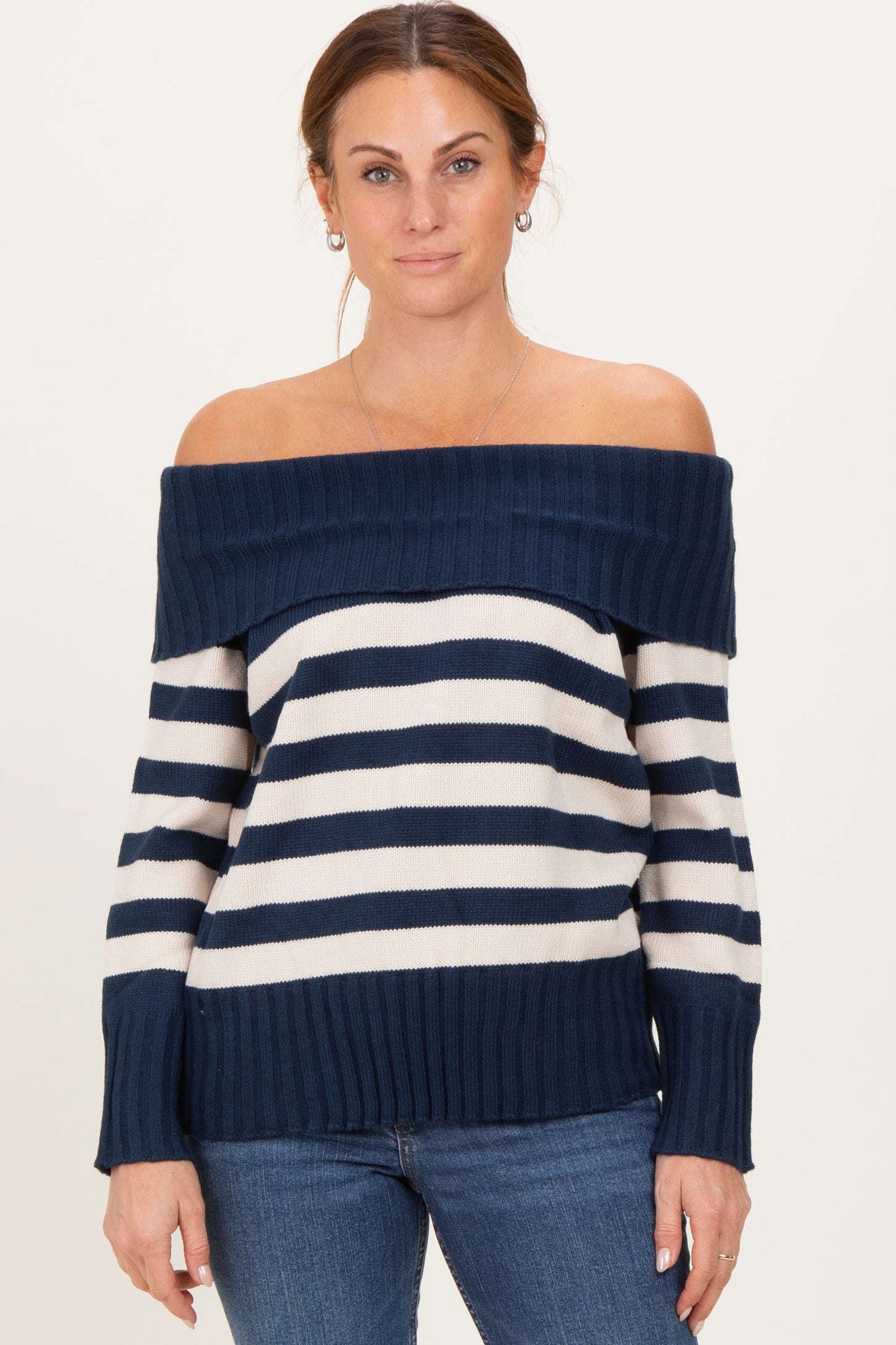 Navy Striped Off Shoulder Sweater