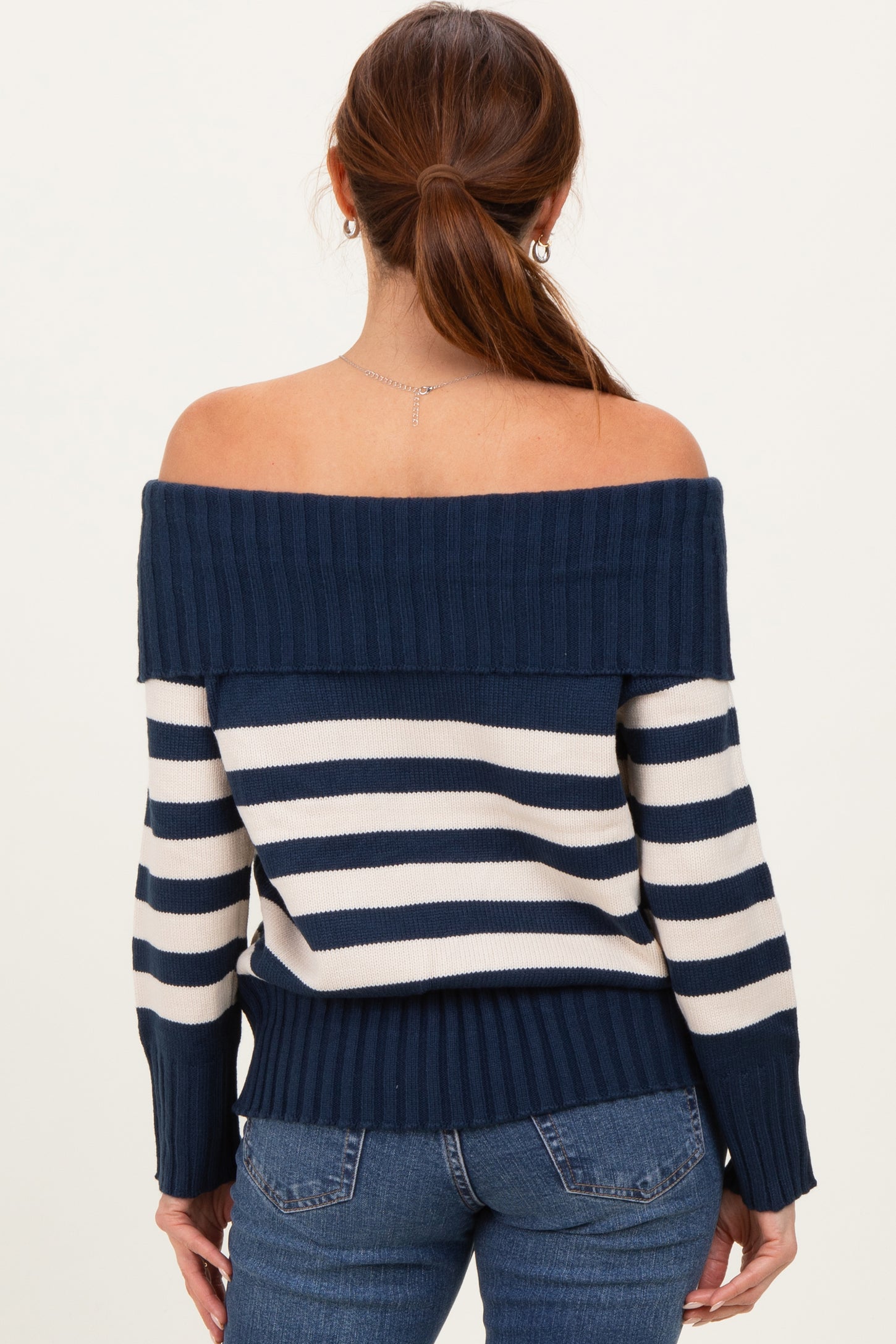 Navy Striped Off Shoulder Sweater
