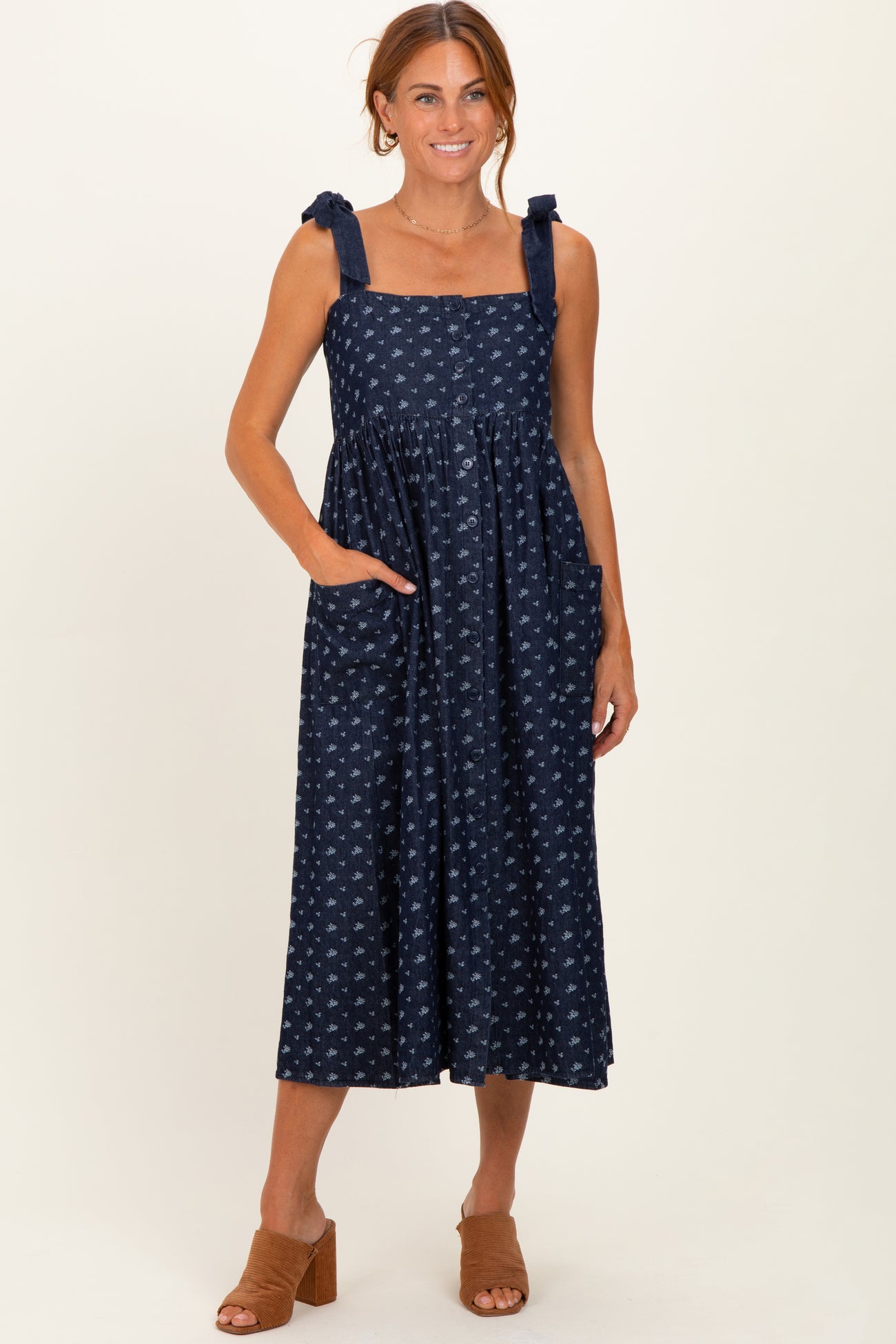 Navy Floral Button Down Shoulder Tie Maternity Midi Dress