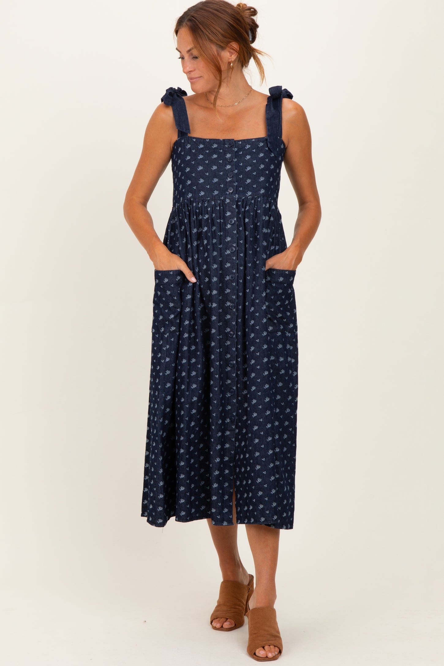 Navy Floral Button Down Shoulder Tie Midi Dress
