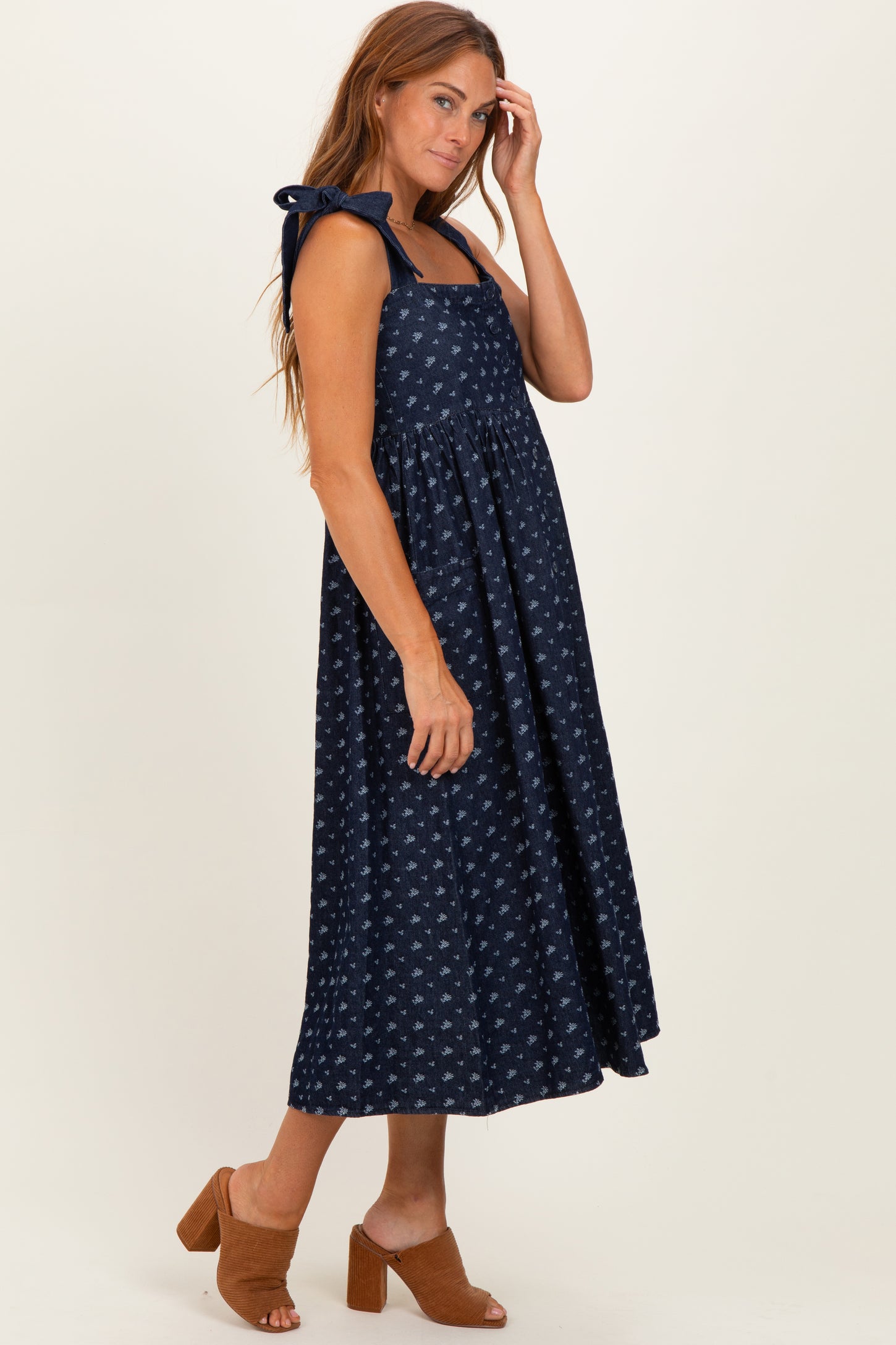 Navy Floral Button Down Shoulder Tie Midi Dress