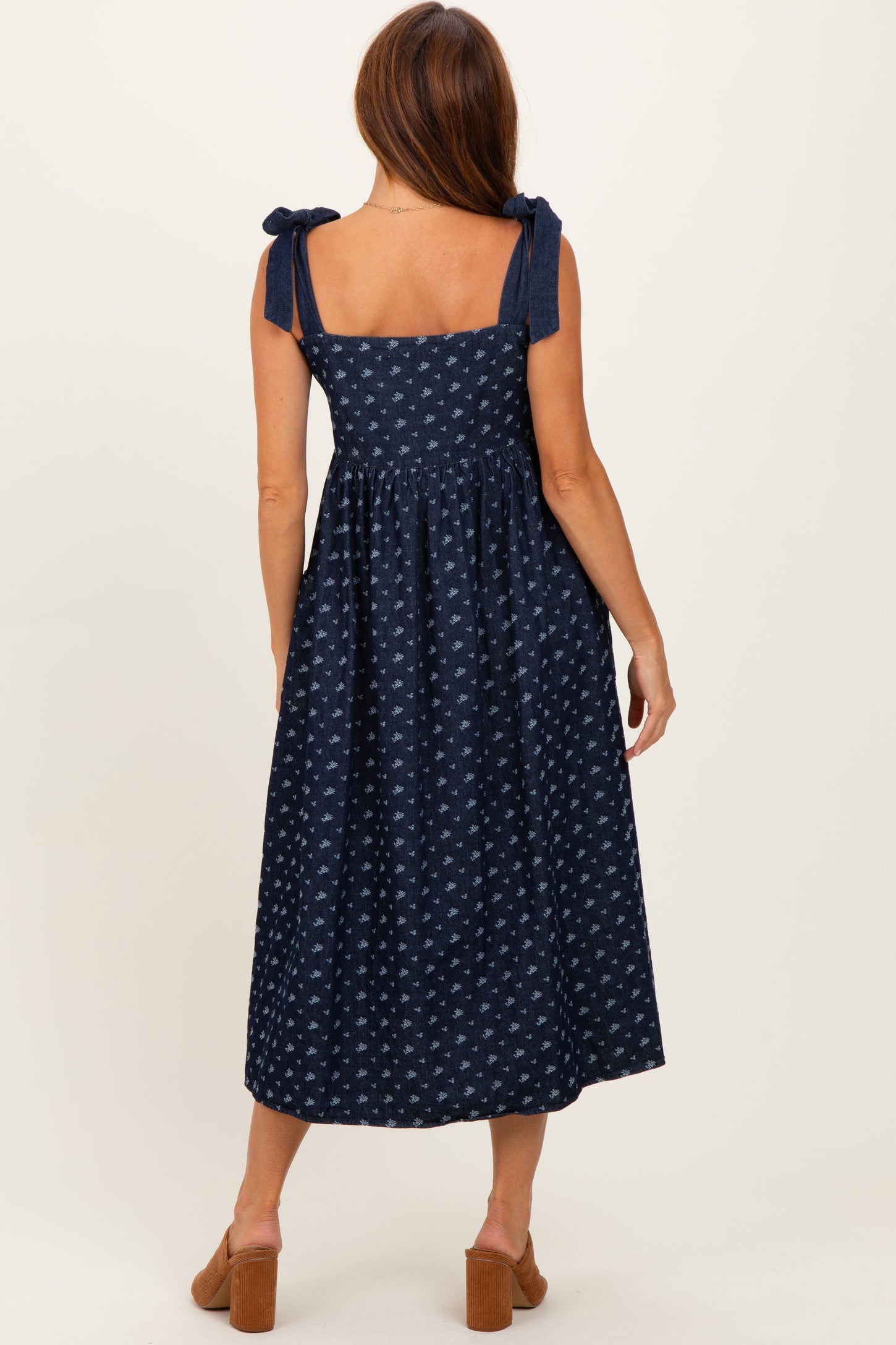 Navy Floral Button Down Shoulder Tie Midi Dress