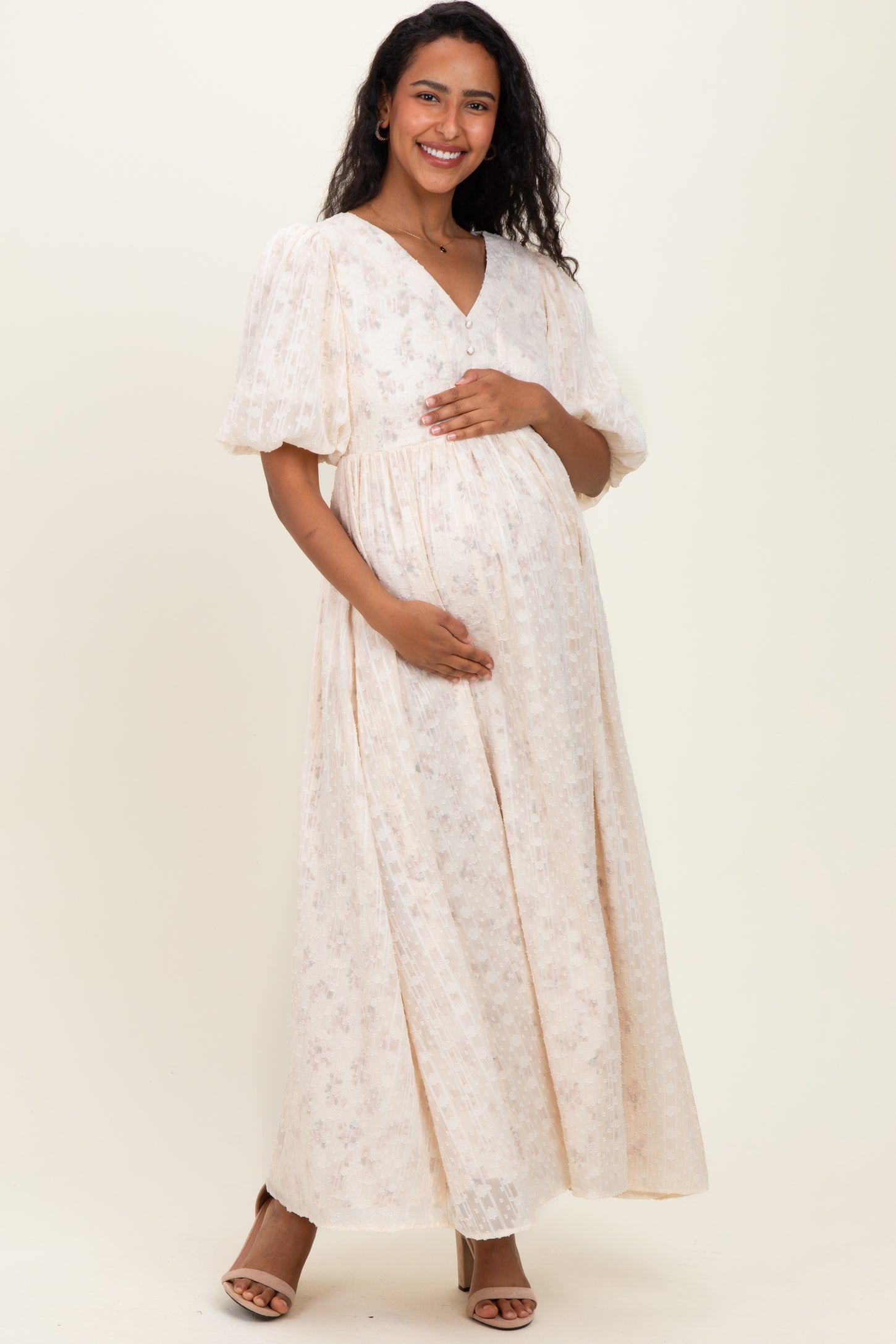 Cream Floral Textured Chiffon Overlay Maternity Maxi Dress