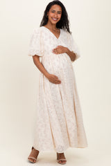 Cream Floral Textured Chiffon Overlay Maternity Maxi Dress