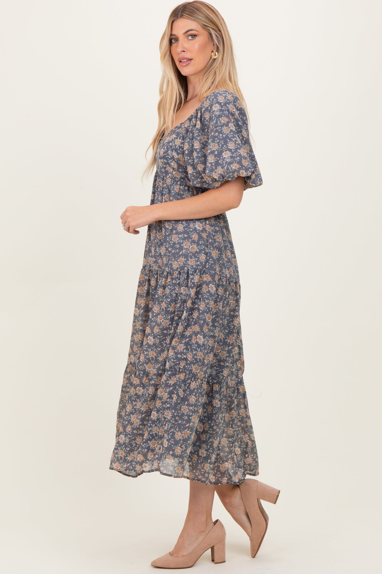 Blue Floral Sweetheart Neckline Puff Sleeve Maxi Dress