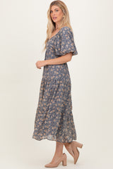 Blue Floral Sweetheart Neckline Puff Sleeve Maxi Dress