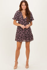 Brown Floral V-Neck Mini Dress
