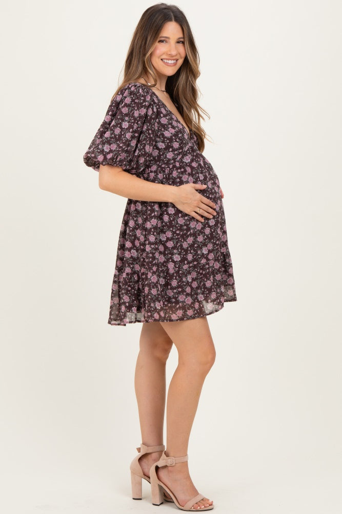 Brown Floral V-Neck Maternity Mini Dress