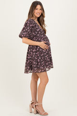 Brown Floral V-Neck Maternity Mini Dress