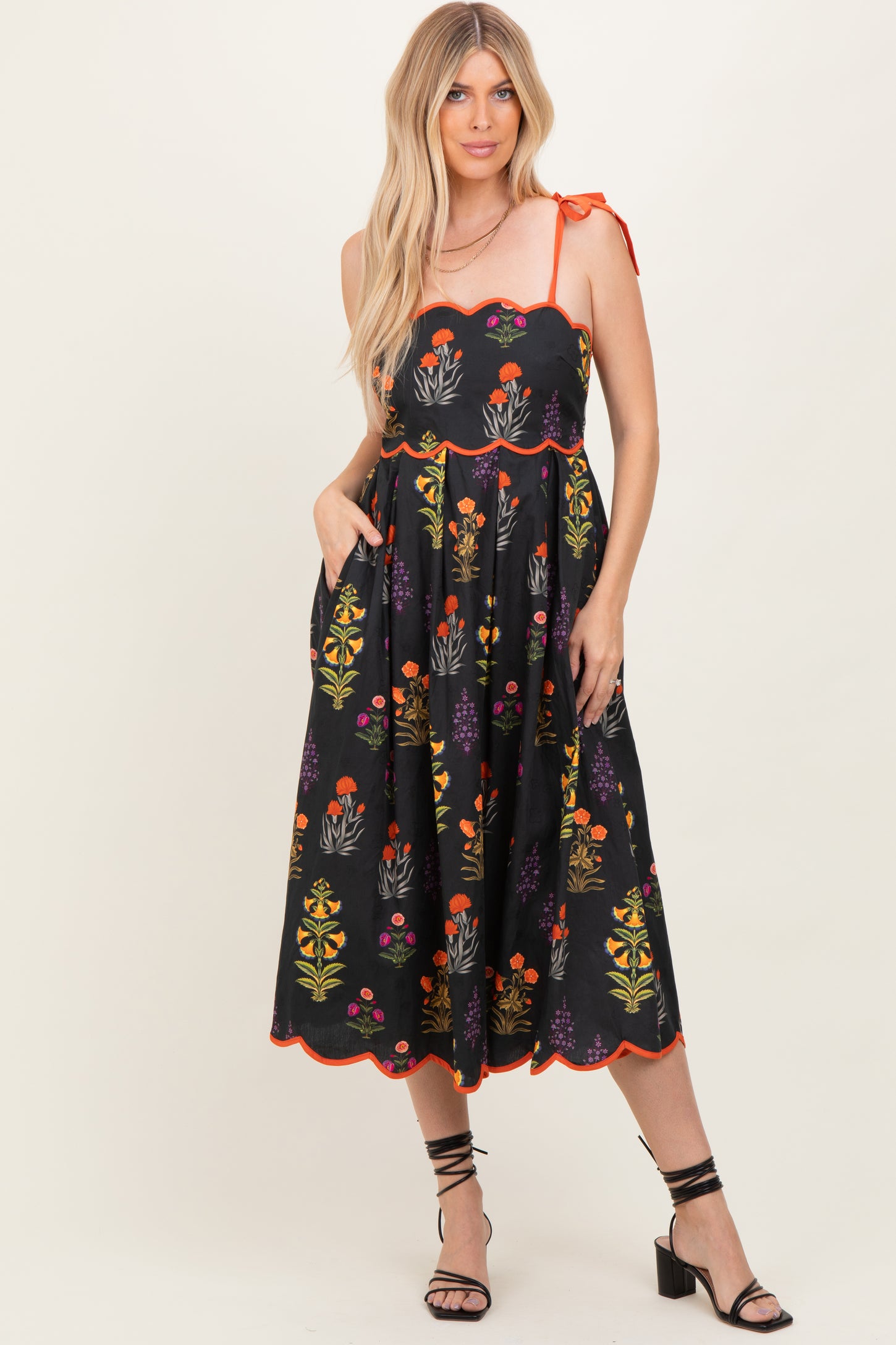 Black Floral Scallop Edge Shoulder Tie Maternity Midi Dress
