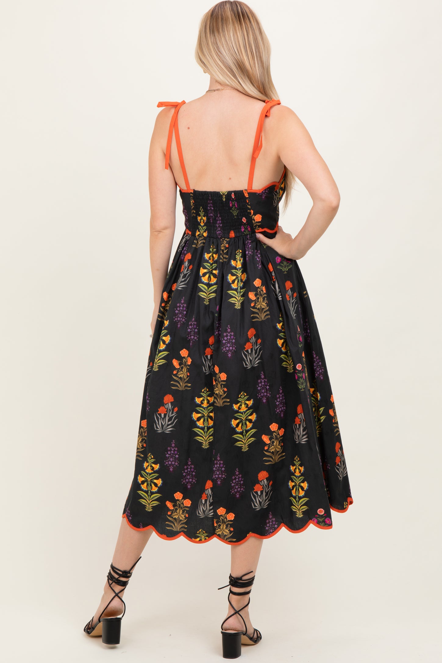 Black Floral Scallop Edge Shoulder Tie Midi Dress