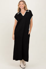 Black Collared Stitch Detail Short Sleeve Maternity Midi Dress