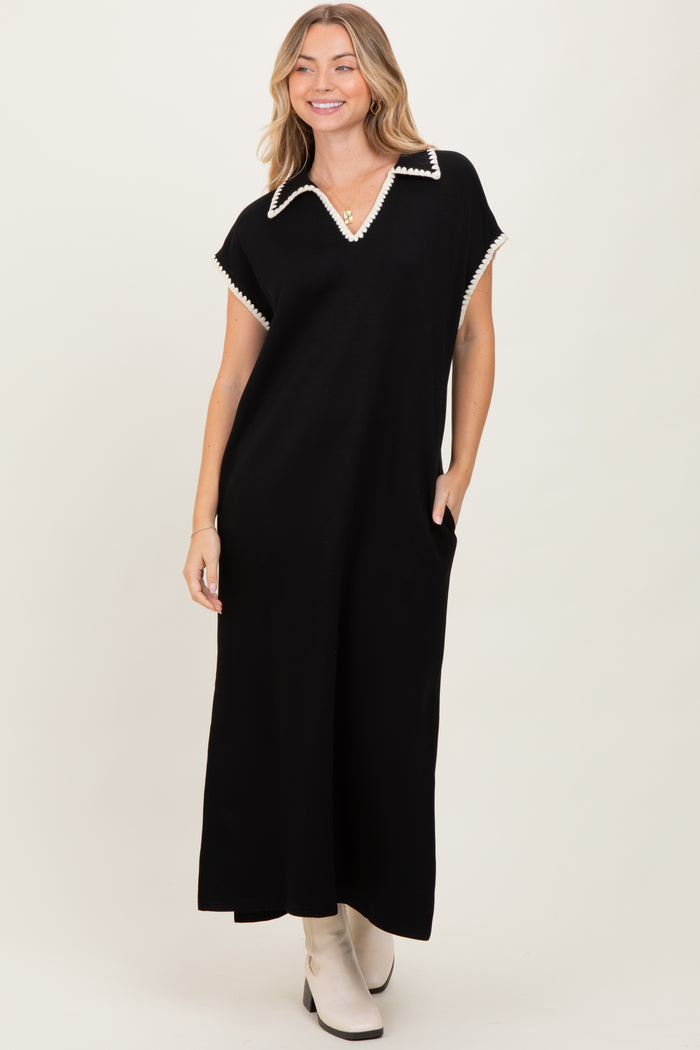 Black Collared Stitch Detail Short Sleeve Maternity Midi Dress