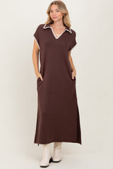 Brown Collared Stitch Detail Short Sleeve Maternity Midi Dress