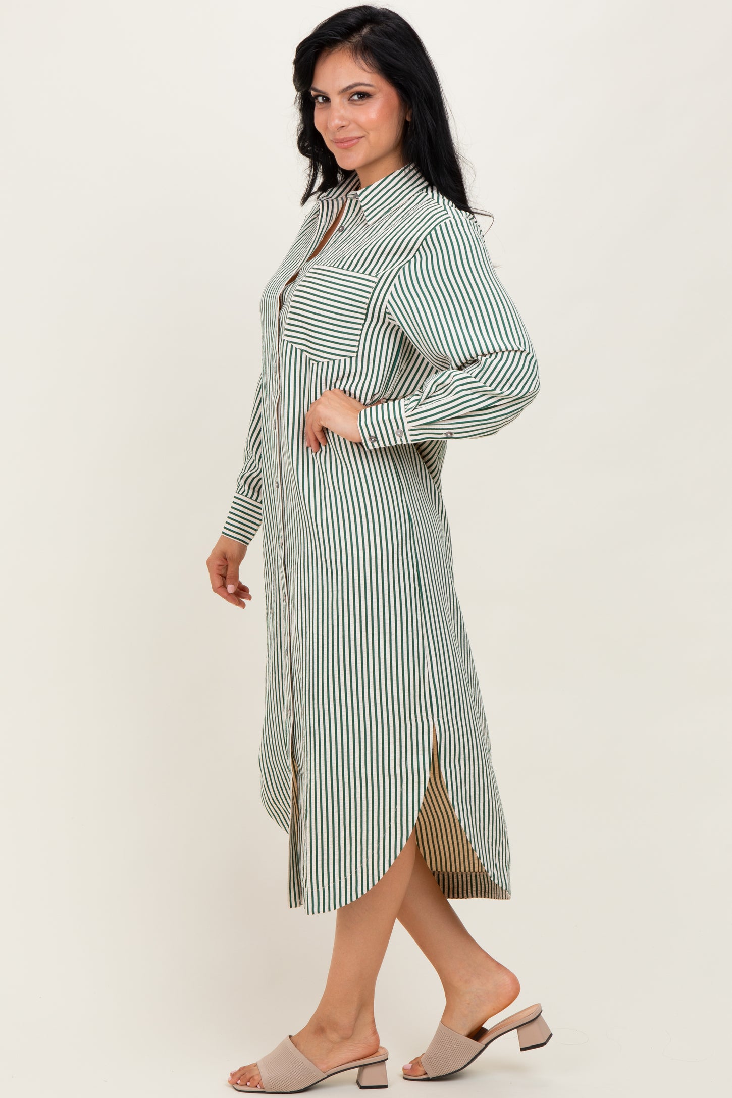 Forest Green Textured Stripe Button Down Shirt Dress