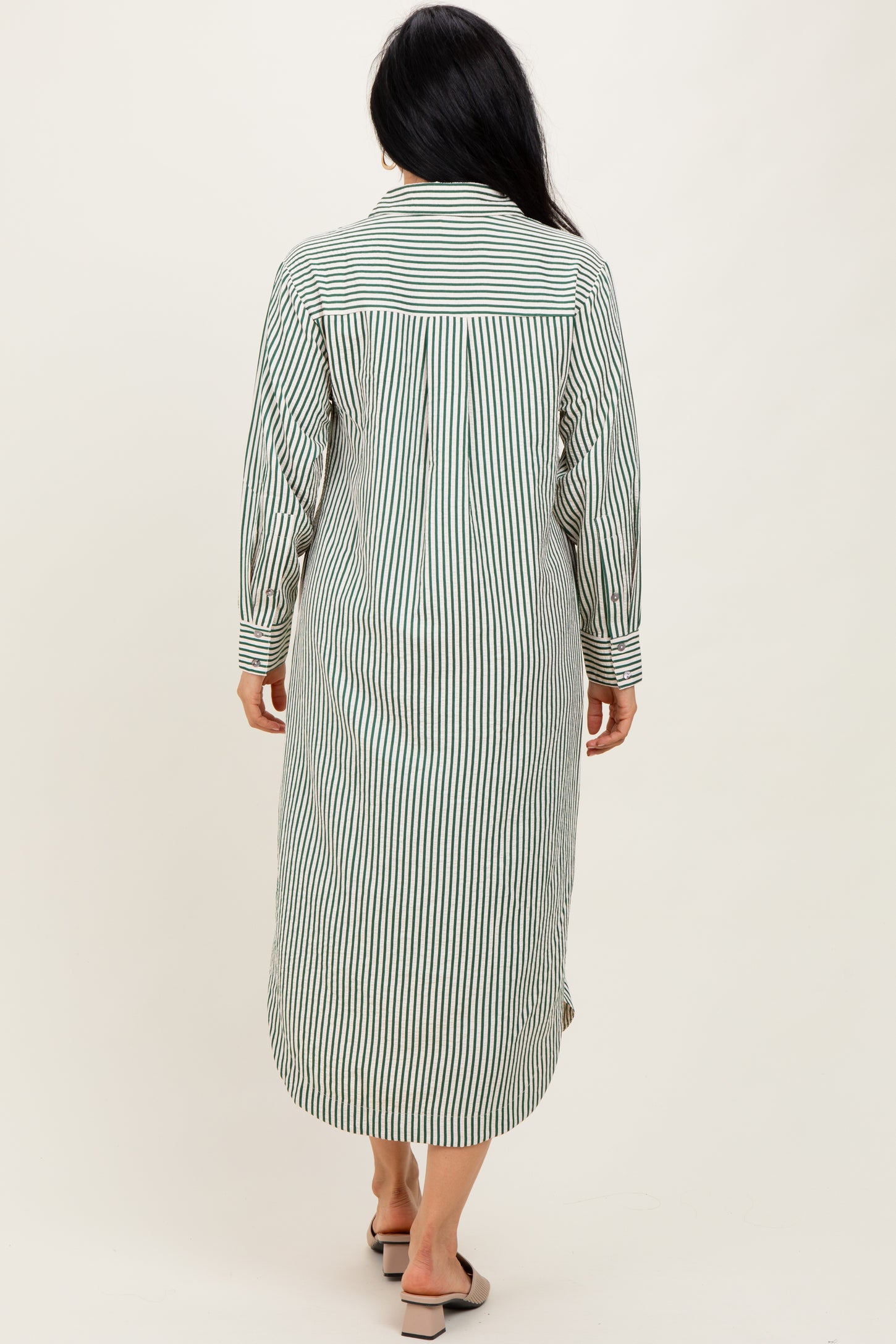 Forest Green Textured Stripe Button Down Shirt Dress