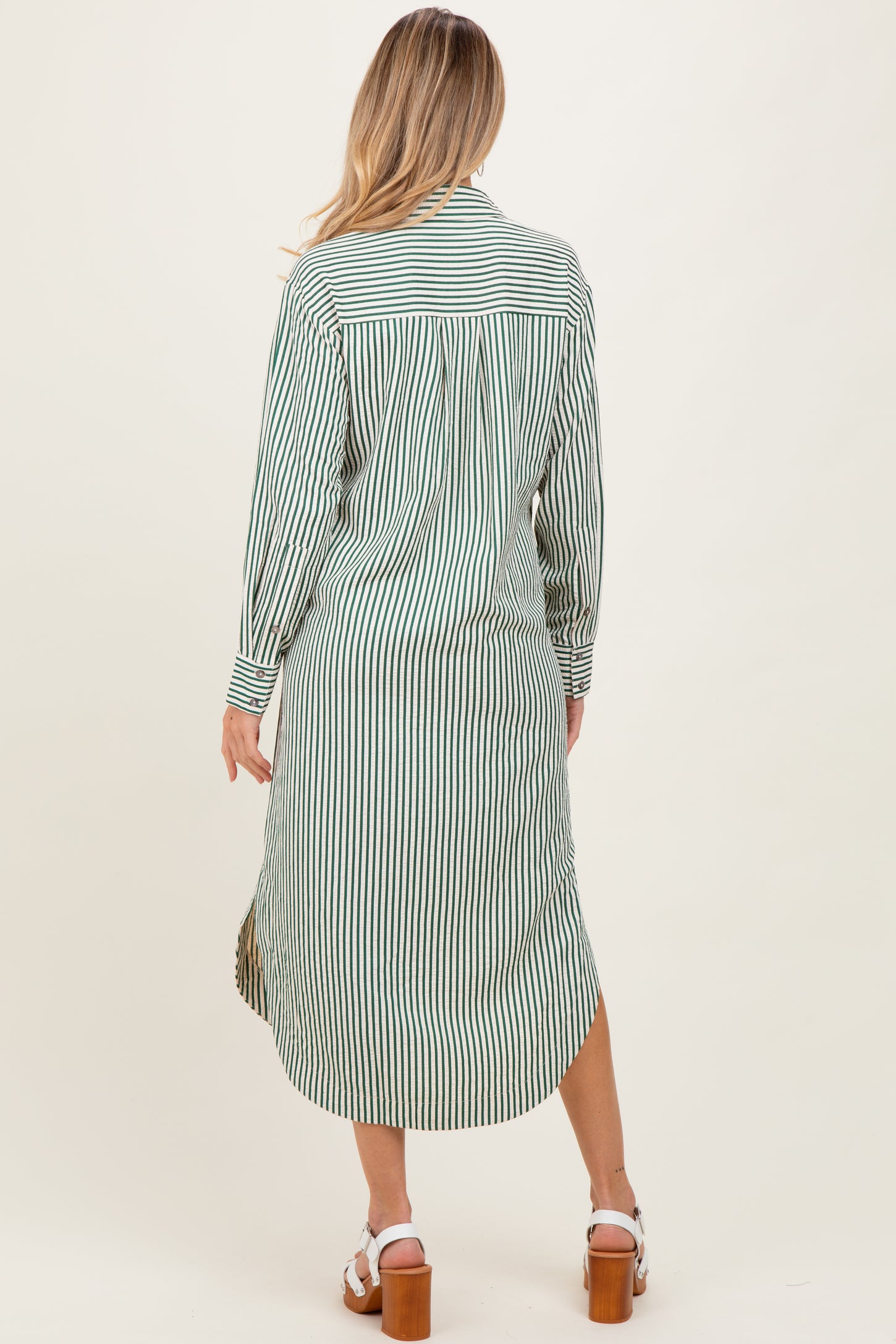 Forest Green Textured Stripe Button Down Maternity Shirt Dress