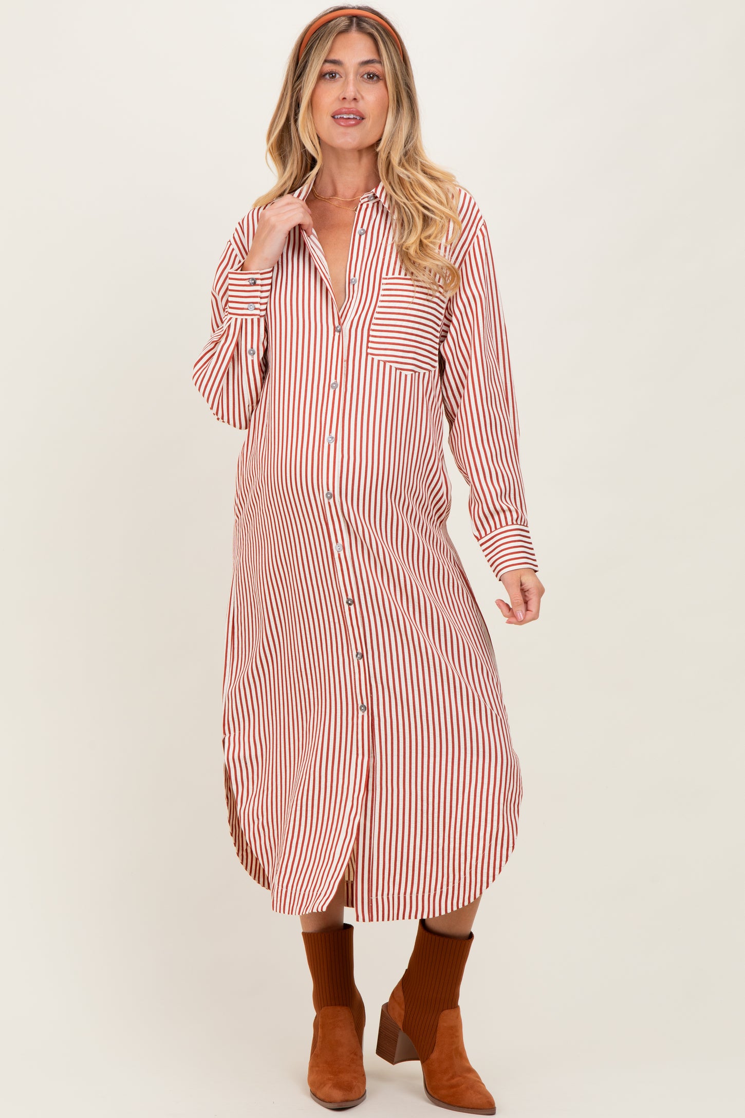 Rust Textured Stripe Button Down Maternity Shirt Dress