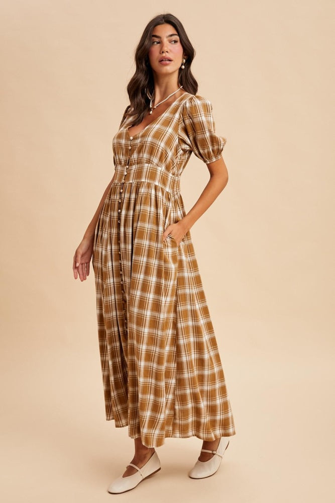 Camel Plaid Button Down Maxi Dress