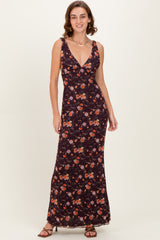 Brown Floral Deep V-Neck Sleeveless Maternity Maxi Dress